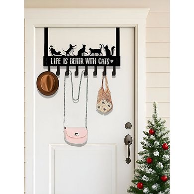 Over-the-Door Cat Hook Rack Metal 8 Hooks Entryway Bedroom Organizer