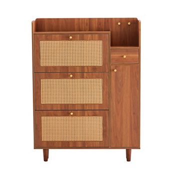 Loheer Modern Slim Walnut Shoe Cabinet with Flip Drawer Storage and Metal Legs