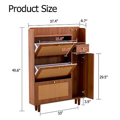 Loheer Modern Slim Walnut Shoe Cabinet with Flip Drawer Storage and Metal Legs
