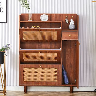 Loheer Modern Slim Walnut Shoe Cabinet with Flip Drawer Storage and Metal Legs