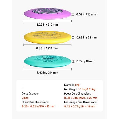 3-Piece Disc Golf Set Portable TPE Discs for Backyard Park Outdoor Play - Multicolor