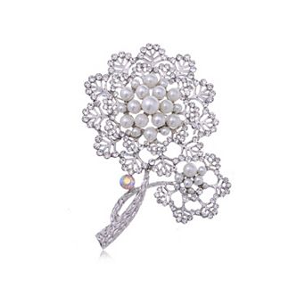 Silvery Tone Faux Pearl Rhinestone Two Dandelion Flowers Fashion Pin Brooch