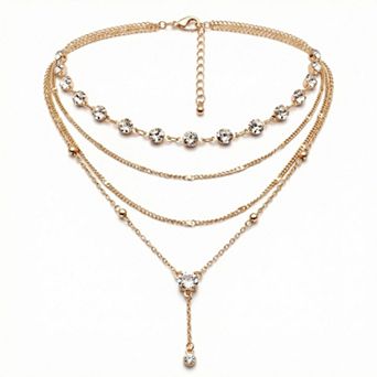 Layered Chain Necklace with Crystal Accents Adjustable Multi Strand Drop Pendant Fashion Jewelry
