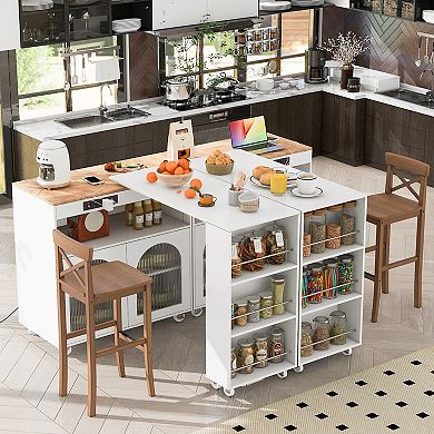 KWPZQEB Rolling Kitchen Island with Wooden Extended Table and Side 3 Open Shelves