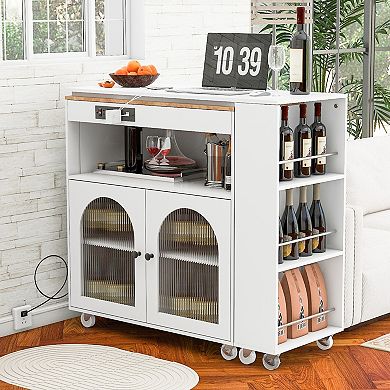 KWPZQEB Rolling Kitchen Island with Wooden Extended Table and Side 3 Open Shelves
