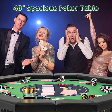 48 Inch Foldable Poker Table for 6 to 8 Players with Cup Holders and Padded Armrest