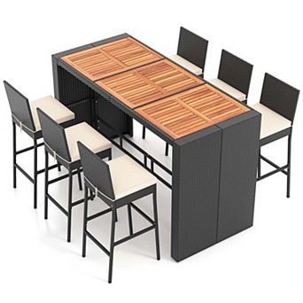 7 pc Rattan Bar Set with Acacia Wood Table and Stools