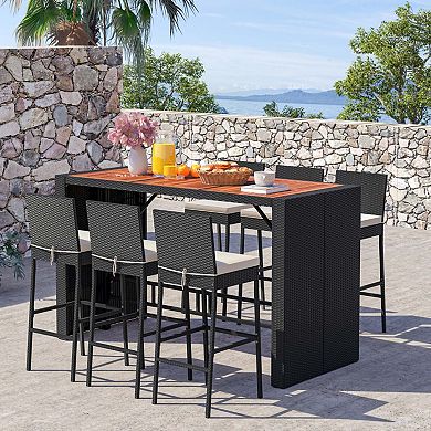 7-Piece Rattan Bar Set with Acacia Wood Table and Stools