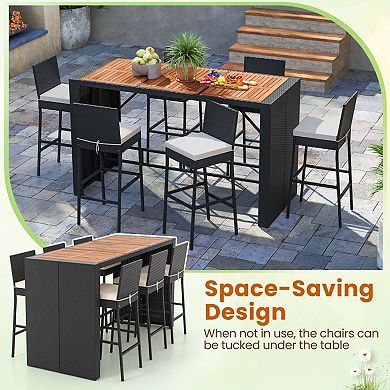 7-Piece Rattan Bar Set with Acacia Wood Table and Stools