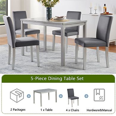 Pnronnc 5-Piece Wooden Dining Set, Kitchen Table Set with Rectangular Table & 4 Upholstered Chairs