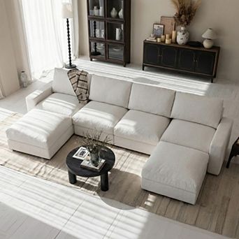 146.5" Wide U-Shaped Cloud Couch, Comfy Sectional Sofa with 2 Storage Ottomans for Living Room