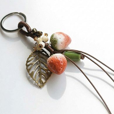 Women's Strawberry Charm Keychain with Beaded Tassel Accent Decorative Bag Charm Accessory