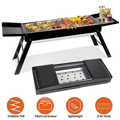 Portable Folding Charcoal Grill with Side Tray and Air Vents for Camping Beach BBQ