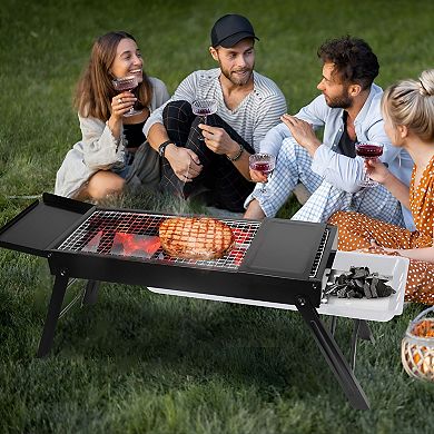 Portable Folding Charcoal Grill with Side Tray and Air Vents for Camping Beach BBQ