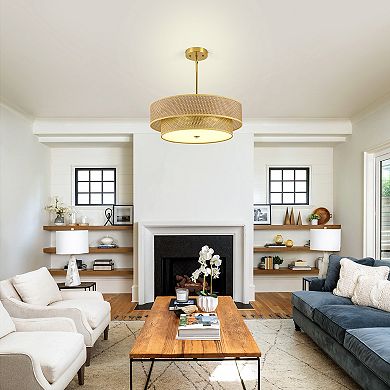 Loheer 17.7 Inch Woven Semi Flush Mount Ceiling Light, Modern Boho Drum Lamp Bulb Not Included