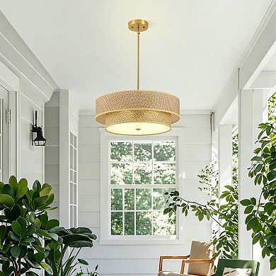 Loheer 17.7 Inch Woven Semi Flush Mount Ceiling Light, Modern Boho Drum Lamp Bulb Not Included