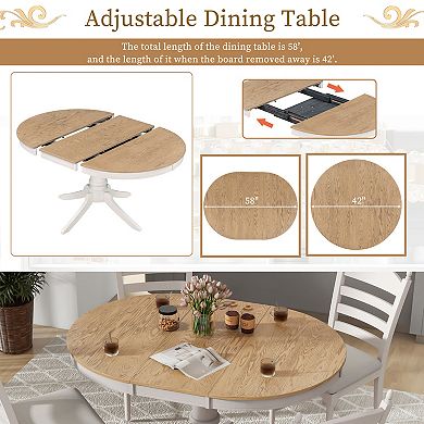 Pnronnc 5-Piece Retro Round Dining Table Set, Extendable Kitchen Table Set with Upholstered Chairs
