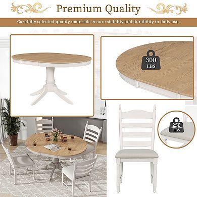 Pnronnc 5-Piece Retro Round Dining Table Set, Extendable Kitchen Table Set with Upholstered Chairs