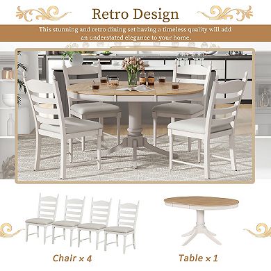 Pnronnc 5-Piece Retro Round Dining Table Set, Extendable Kitchen Table Set with Upholstered Chairs