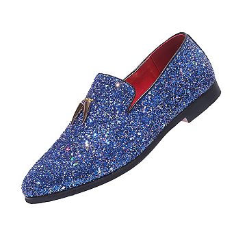 Men's Blue Glitter Tassel Loafers Sparkly Slip-On Dress Shoes