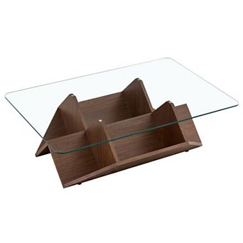 Loheer Modern Multi Storage Coffee Table with Tempered Glass Top and Walnut Finish