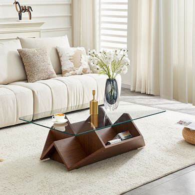 Loheer Modern Multi Storage Coffee Table with Tempered Glass Top and Walnut Finish