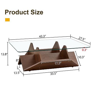 Loheer Modern Multi Storage Coffee Table with Tempered Glass Top and Walnut Finish