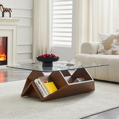 Loheer Modern Multi Storage Coffee Table with Tempered Glass Top and Walnut Finish