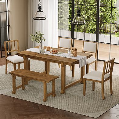Pnronnc Farmhouse 6-Piece Wooden Dining Set with Ergonomic Dual-Style Chairs