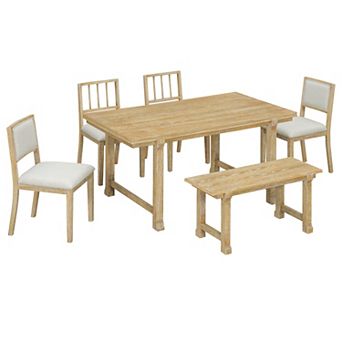 Pnronnc Farmhouse 6 pc Wooden Dining Set with Ergonomic Dual-Style Chairs