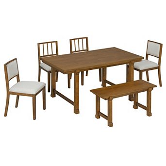 Pnronnc Farmhouse 6 pc Wooden Dining Set with Ergonomic Dual-Style Chairs
