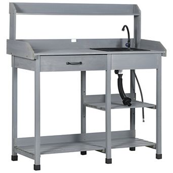 Wooden Garden Potting Bench with Sink, Faucet, Drawer, Tool Hooks, and Slatted Shelves