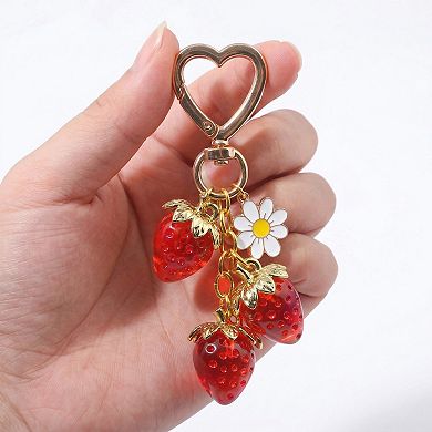 Women's Strawberry Charm Keychain with Daisy Pendant and Heart Clip Decorative Bag Charm Accessory