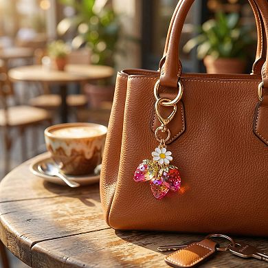 Women's Strawberry Charm Keychain with Daisy Pendant and Heart Clip Decorative Bag Charm Accessory