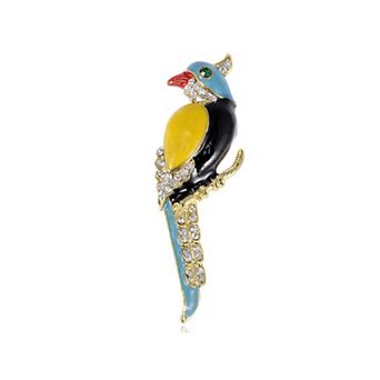 Colorful Painted Enamel Crystal Rhinestone Parrot Sitting Branch Bird Pin Brooch