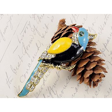 Colorful Painted Enamel Crystal Rhinestone Parrot Sitting Branch Bird Pin Brooch