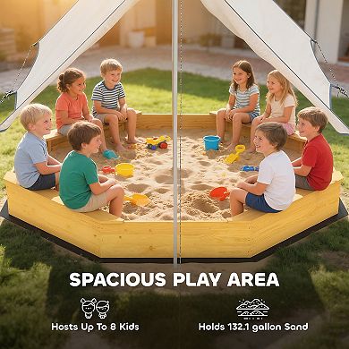 Qaba Wooden Sandbox with Large Canopy, Outdoor Sand Box with Bottom Liner