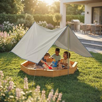 Qaba Wooden Sandbox with Large Canopy, Outdoor Sand Box with Bottom Liner