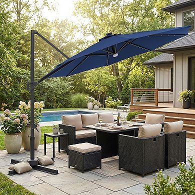 10 Ft Solar LED Cantilever Patio Umbrella with 360 Rotation