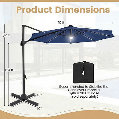 10 Ft Solar LED Cantilever Patio Umbrella with 360 Rotation