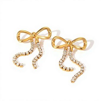 Bow Drop Earrings with Rhinestone Dangle Detail Feminine Statement Jewelry