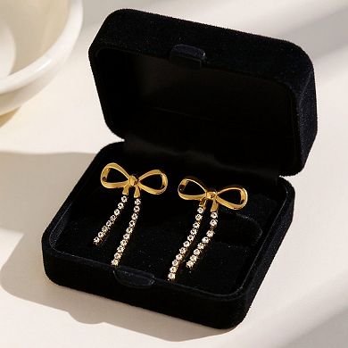 Bow Drop Earrings with Rhinestone Dangle Detail Feminine Statement Jewelry
