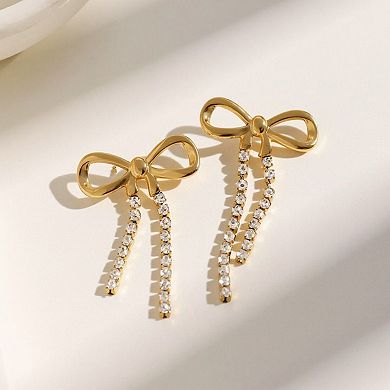 Bow Drop Earrings with Rhinestone Dangle Detail Feminine Statement Jewelry