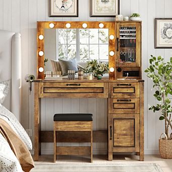 Makeup Vanity Desk with Large Mirror and Lights, 3 Drawers Vanity Table with Charging Station