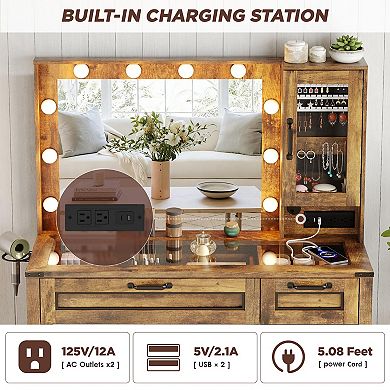 Makeup Vanity Desk with Large Mirror and Lights, 3 Drawers Vanity Table with Charging Station