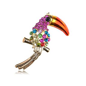 Golden Tone Fuchsia Colorful Crystal Rhinestones Ropical Bird Pin Brooch