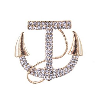 Golden Tone Contemporary Rhinestone Accented Anchor Pin Brooch