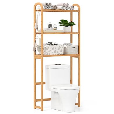 3-Tier 100% Bamboo Bathroom Floor Organizer with Adjustable Shelves and Hooks