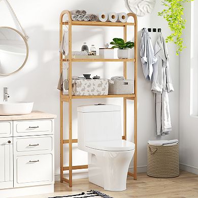 3-Tier 100% Bamboo Bathroom Floor Organizer with Adjustable Shelves and Hooks