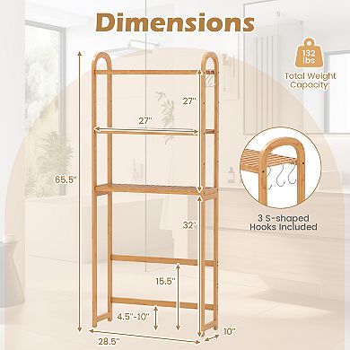 3-Tier 100% Bamboo Bathroom Floor Organizer with Adjustable Shelves and Hooks